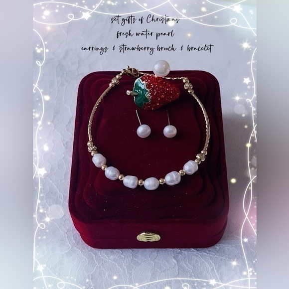 Set gifts of Christmas fresh water pearl earrings & strawberry brooch & bracelet